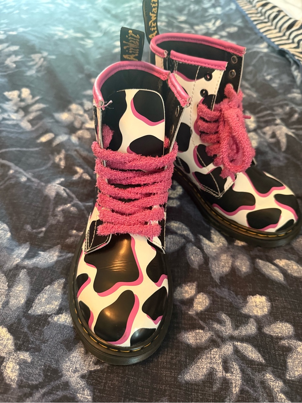 Girls Dr.Martens Pink Accent Black & White Cow Print Boots